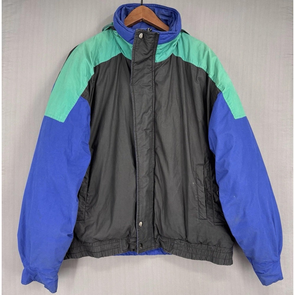 Vintage Dash Down Puffer Jacket Mens Large Colorblock Blue Green Hooded Parka